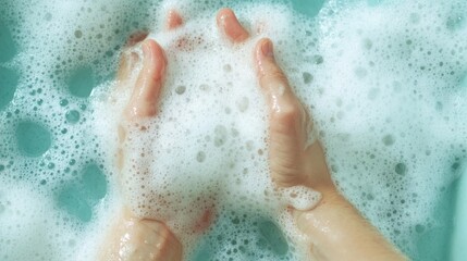 Fototapeta premium Washing hands with soap home bathroom close-up clean environment top view hygiene concept