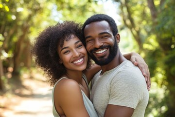 Fototapeta premium Smiling couple embracing each other on a path surrounded by trees