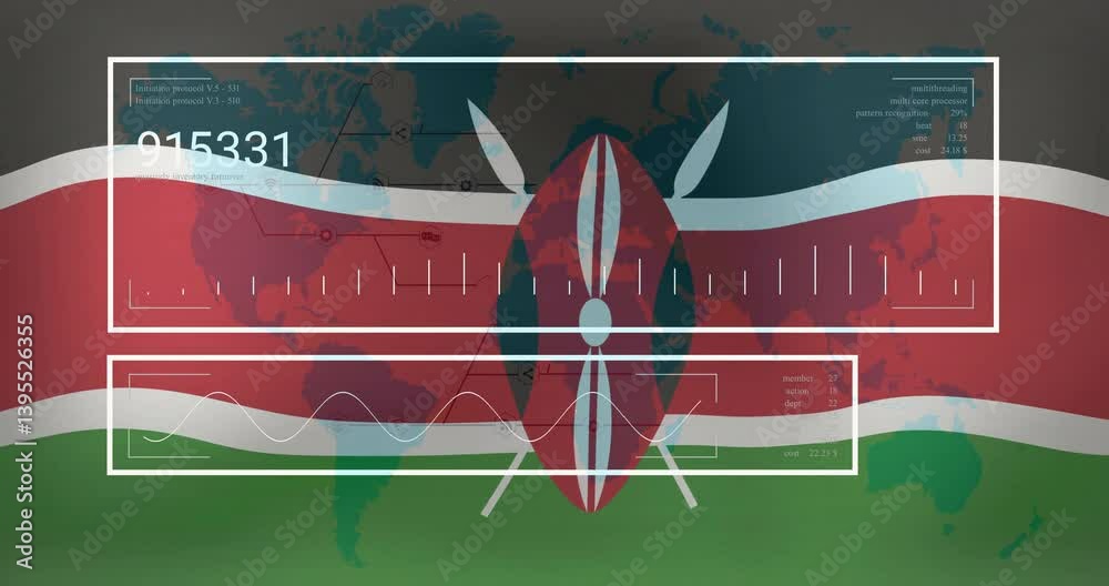 Poster kenya flag with data processing animation over world map background