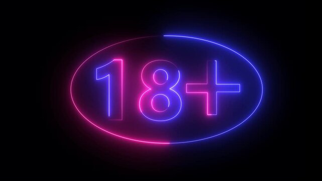 18+ not allowed icon. No under 18 sign icon animation. on the black background 18+ sign. Neon line number with glowing neon circle. 18+ age restriction sign from letters. Abstract glowing neon , 18+ p