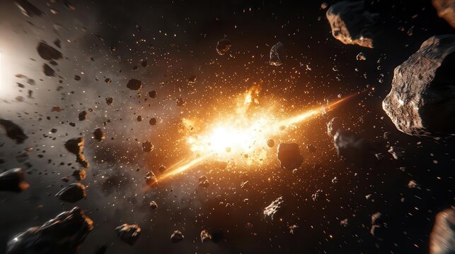 Space bounty hunter chasing a fugitive starship through a dense asteroid belt, explosions lighting the darkness