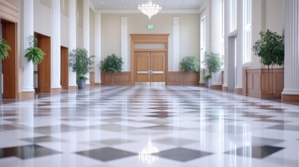 Fototapeta premium Grand hall with polished tile floor, elegant doors, and decorative plants