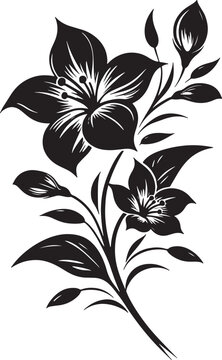 A stylized black and white flower illustration with intricate petal and leaf designs on white background
