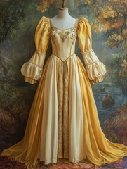 Fototapeta premium A stunning yellow and ivory gown on a dress form