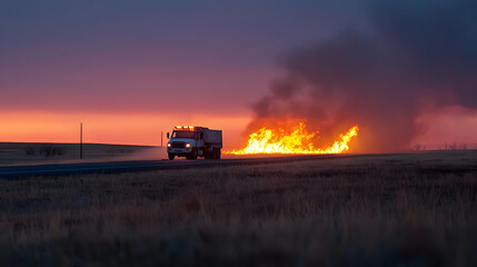 Fototapeta premium Firetruck Fighting Wildfire at Sunset on Highway