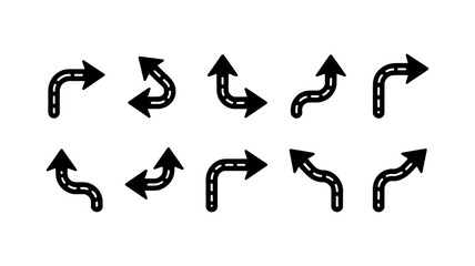 Directional Arrows Set: A collection of dynamic black and white directional arrows on a seamless background.  Depicting turns and pathways.