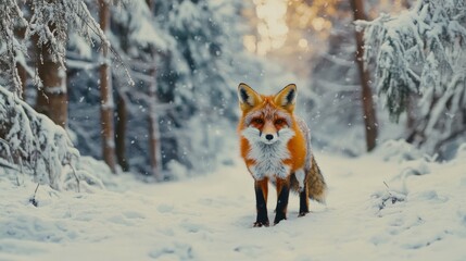 Fototapeta premium A beautiful fox standing gracefully in a snow covered forest