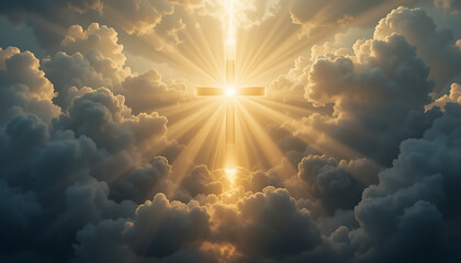 Divine Light Abstract Cross Surrounded by Radiant Beams Breaking Through Heavenly Clouds








