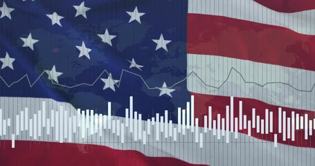 American flag overlaying financial charts and world map, creating dynamic animation - Powered by Adobe
