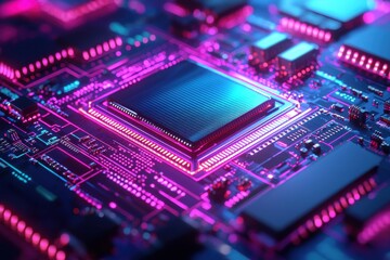 Fototapeta premium Vibrant Circuit Board with Neon Accents and Intricate Patterns