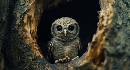 Three Spotted Owlets Nestled in a Tree Hollow: A Beautiful Encounter with Nature in Thailand
