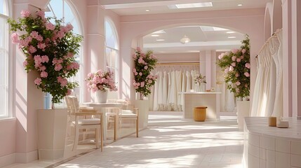 Bright, Airy Bridal Studio Interior with Natural Light, Gown Display, and Modern Design Elements for Fashion and Lifestyle.