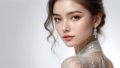 Beautiful beautiful bride model woman with beautiful hairstyle and makeup in elegant wedding dress. エレガントなウェディングドレスを着た、美しいヘアスタイルとメイクをした美しい花嫁モデルの女性