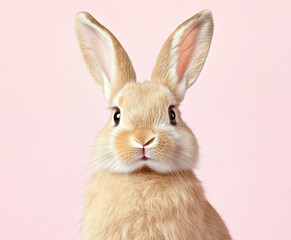 Fototapeta premium Fluffy bunny with long ears and cute expression against pastel background