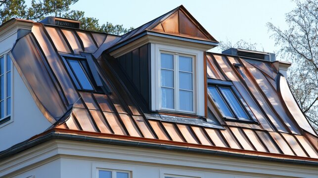 Elegant Copper Roof with Dormer Windows. Stylish Home Architecture Featuring White Facade and Rectangular Glass Panels