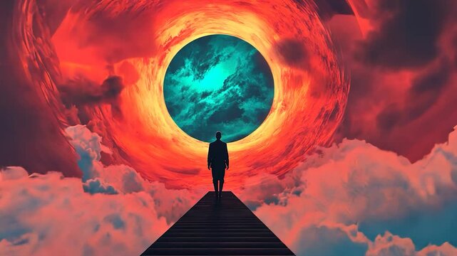 A solitary figure stands on a path leading to a vibrant celestial portal amidst swirling clouds