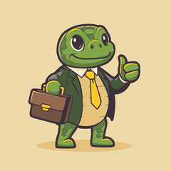 Cartoon turtle in business suit holding briefcase and giving thumbs up, concept for mascot design, logo, branding, and children's book illustration