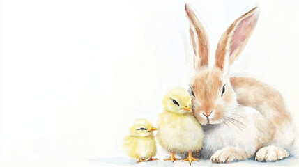 Obraz premium Soft pastel colors depict bunny snuggling with two chicks, evoking warmth and tenderness