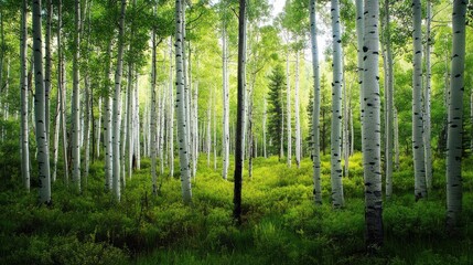 Naklejka premium Serene Aspen Grove in Colorado: A Vibrant Landscape of Fall Foliage and Lush Green Woods