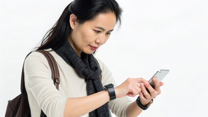 Fototapeta premium Asian Woman Using Smartphone While Checking Smartwatch Carrying Tote Bag On White Background