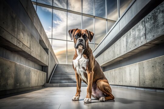 Brindle Boxer Dog Posing Architecturally in Modern Building