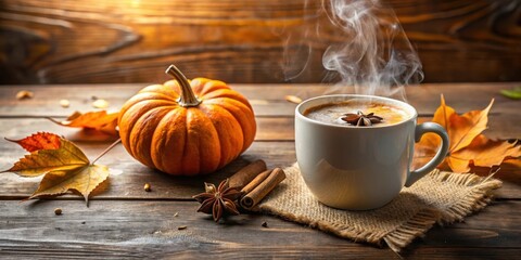 Autumnal Still Life Steaming Mug of Spiced Coffee Beside a Small Pumpkin and Colorful Fall Leaves on Rustic Wood