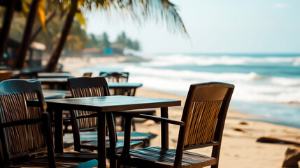 Fototapeta premium Photo of an empty outdoor cafe with chairs and tables on the beach, with a view of the sea in the foreground