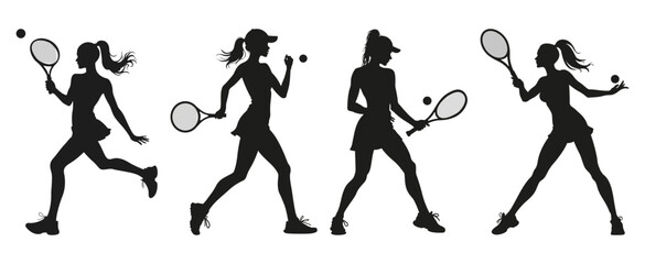 Woman Tennis Player Silhouette Set White Background