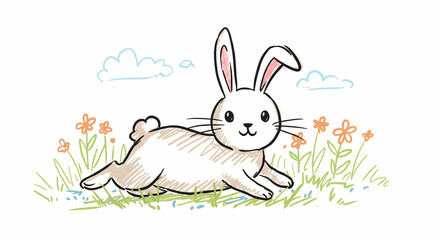Sketch of Rabbit Lying in Grassy Field with Flowers