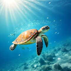 Sunlit Sea Turtle Swimming Gracefully Underwater in Crystal Clear Ocean with Coral Reef