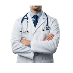 Confident Medical Professional in White Lab Coat with Stethoscope and Folded Arms on a Clean White Background - Stock Photo for Healthcare and Medical Concepts
