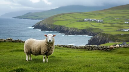 Fototapeta premium Dingle Peninsula: Nature's Jewel with Lush Green Meadows, Charming Sheep, and Scenic Beaches