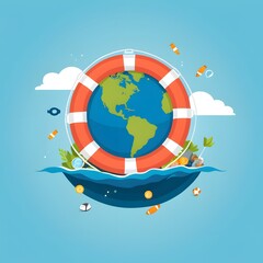 Naklejka premium Earth with Lifebuoy Floating in Ocean - Environmental Conservation and Climate Change Concept Illustration