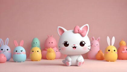 A delightful scene with a white cat and friendly Easter characters against a soft pink backdrop.