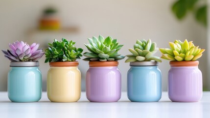 Succulents in Mason Jars Pastel Painted Style High-Resolution Soft Lighting Row Close-up View Vibrant Colors Home Decor Bright Pastel Tones Ideal for Home Decor Blogs