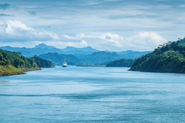 Panoramic Vista of the Panama Canal from a Cruise Ship: A Hub of Maritime Transport and Cargo Shipping in the Heart of America