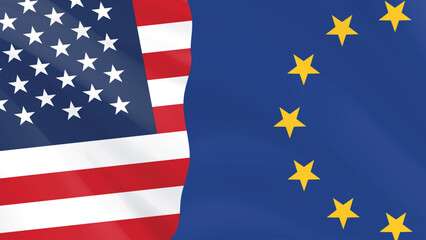 United States and European Union Flags Waving Together, International Relations Concept
