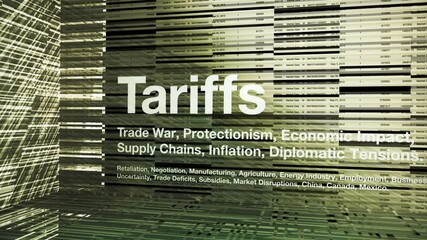2025 tariffs, global trade war and related terms intro animation. ProRes 4444 format with embedded alpha channel.