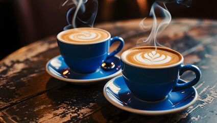 a cinematic, high-contrast photograph of a close-up composition featuring two steaming blue cups, one filled with a rich hot latte coffee and the other with a bold Americano, placed side by side
