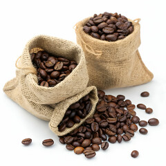 Roasted coffee beans in hemp sacks isolated on white background