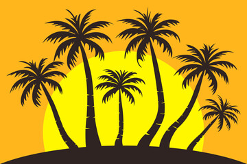 Tropical palm trees at sunset. Summer time, palm trees silhouettes against the sun. Vector illustration of beautiful beach palm trees against the sunset.