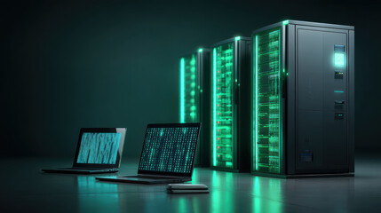 Laptops with green digital code near glowing servers in dark room