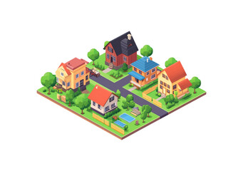 Isometric view of a cottage village with modern suburban residential houses, showcasing neatly arranged homes, streets, and green spaces in a peaceful suburban setting.