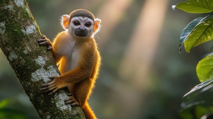Obraz premium Small monkey clinging to tree trunk in rainforest