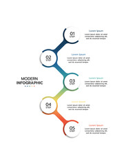 5 Elements placed in vertical row. Concept of 5 successive steps of project development process. Flat infographic design template. Simple vector illustration for business analytics.