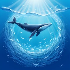 Naklejka premium Majestic Blue Whale Swimming Through Fish Swirl Under Sun Rays - Underwater Marine Life Scene Illustration