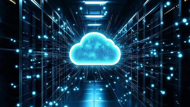 A glowing blue cloud symbol appears as data streams through a high tech data center filled with servers and digital connections