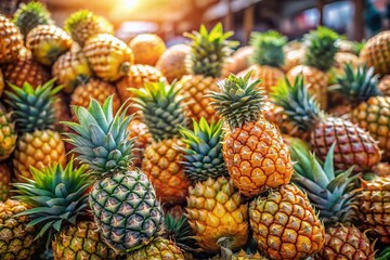 Drone Close-Up: Fresh Pineapple Pile at Vibrant Market