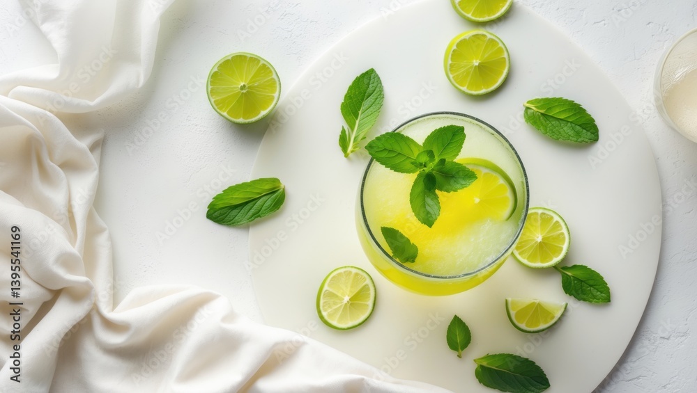 Poster aerial view of a cocktail with lime, fresh mint, and ice on a white textured surface. refreshing sum