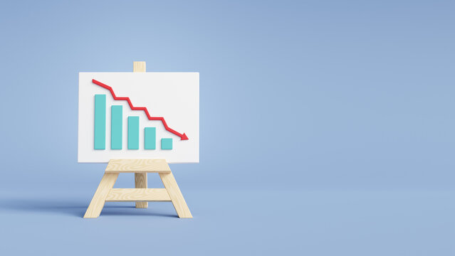 whiteboard easel with descending red bar graph chart arrow down 3d illustration. Crisis, global recession, tariffs effect concept